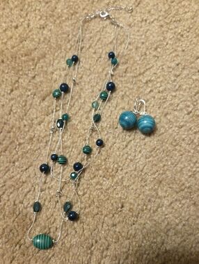 LOFT Teal and Navy Layered Bead Necklace with Matching Earrings